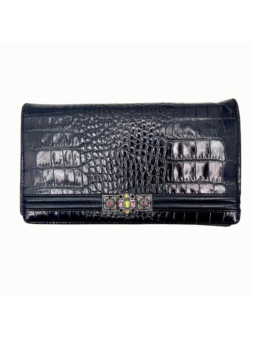 BRIGHTON BLACK CROC-EMBOSSED LEATHER RHINESTONE FRONT CLUTCH CROSSBODY PURSE